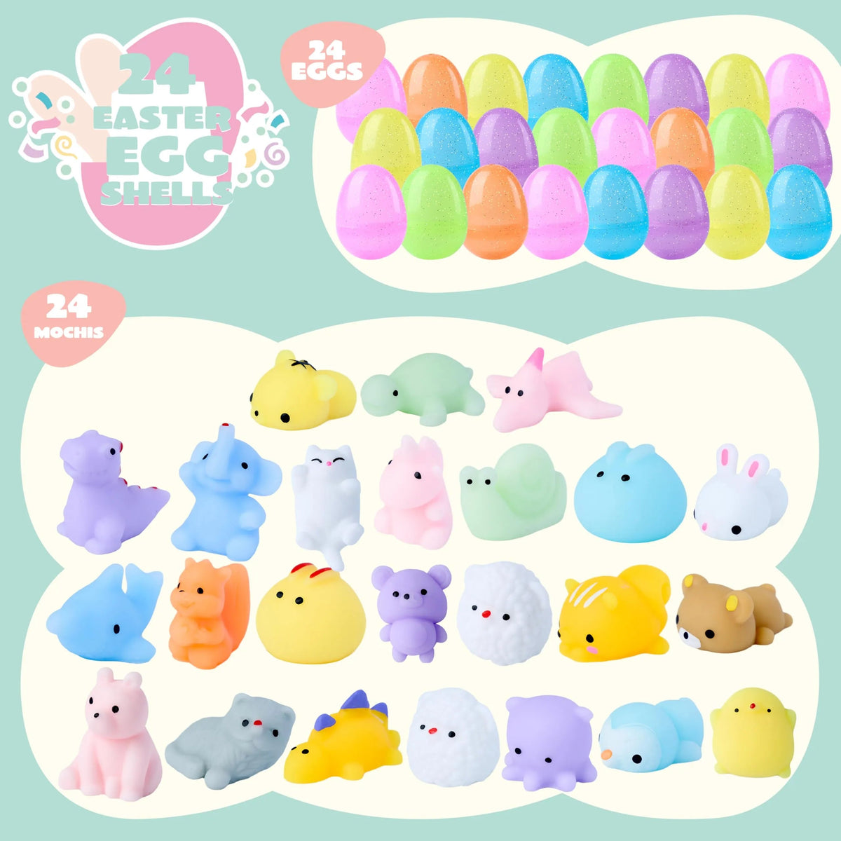 24-Pack Easter Glitter Transparent Prefilled Eggs with Mochi for Egg Hunt