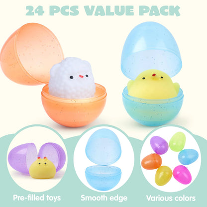 24-Pack Easter Glitter Transparent Prefilled Eggs with Mochi for Egg Hunt