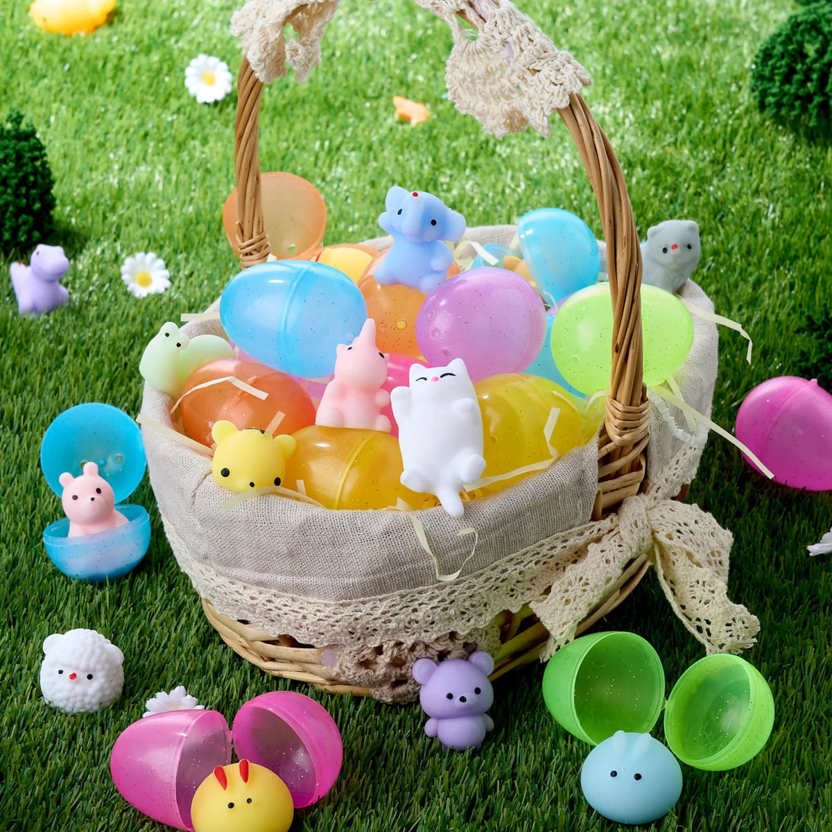 24-Pack Easter Glitter Transparent Prefilled Eggs with Mochi for Egg Hunt