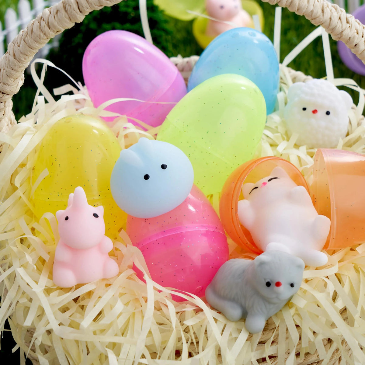 24-Pack Easter Glitter Transparent Prefilled Eggs with Mochi for Egg Hunt