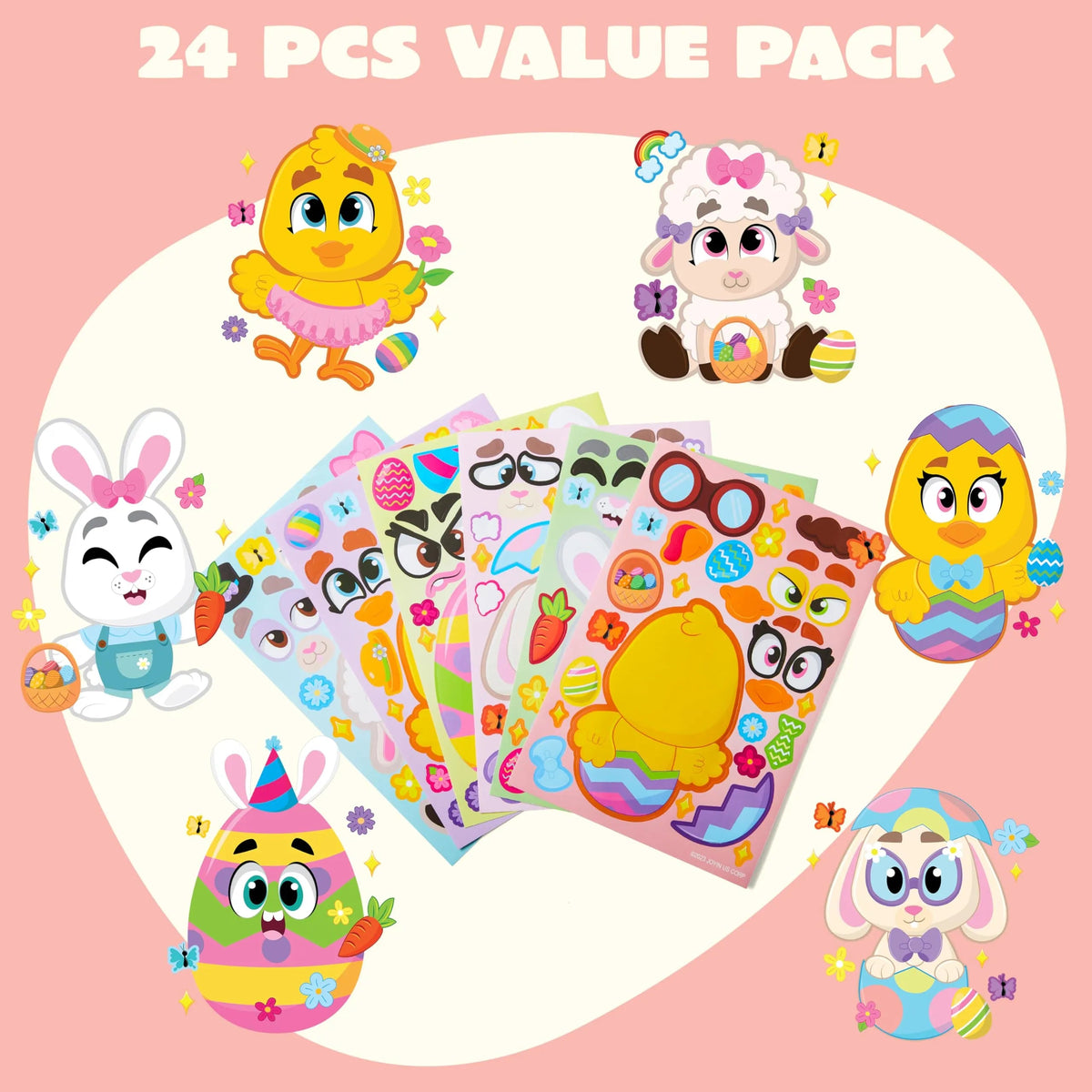 24Pcs Easter Make a Face Stickers with Chick, Bunny, Sheep, and Egg Patterns