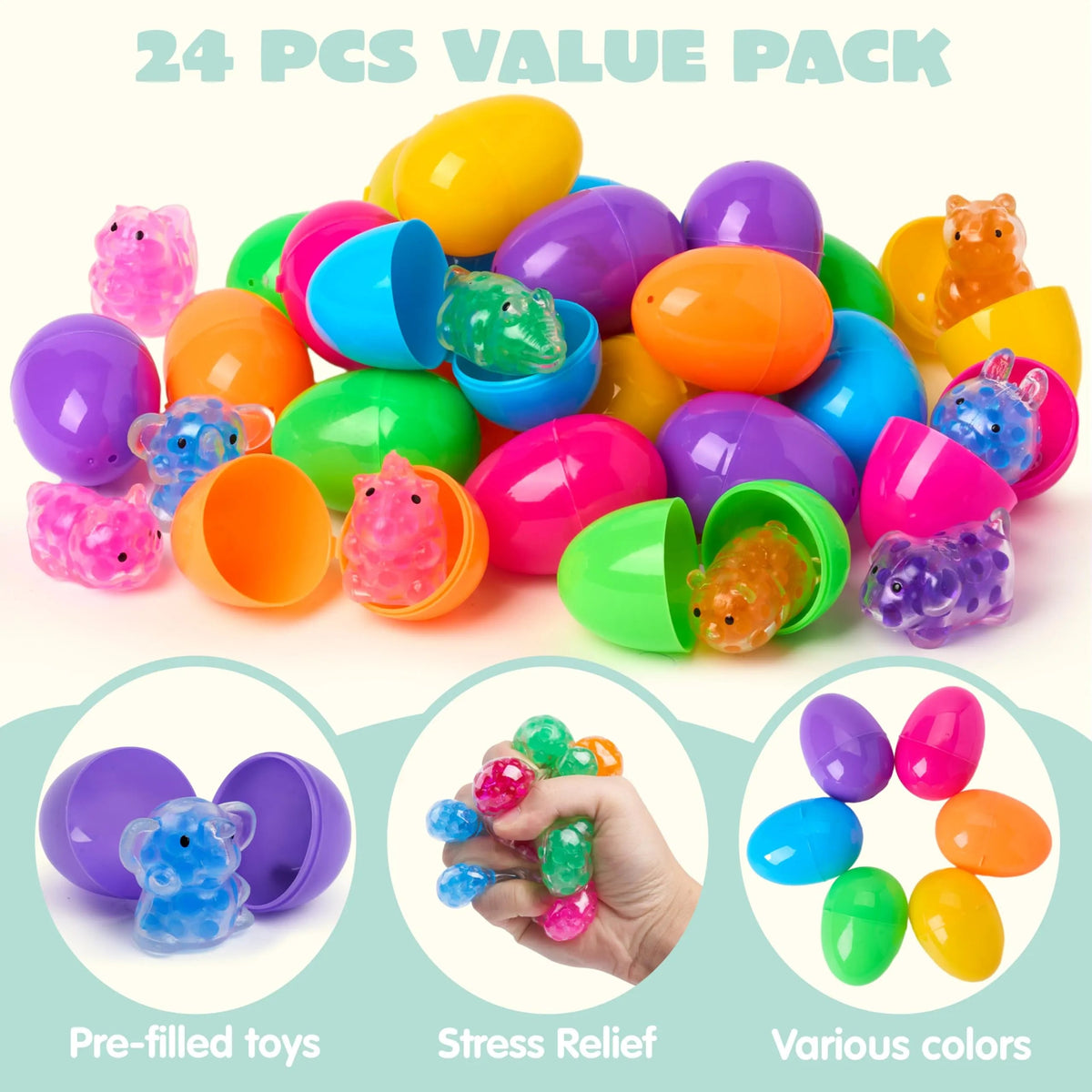 24 Pack Easter Prefilled Eggs with Mochi Squishy Toys for Egg Hunt