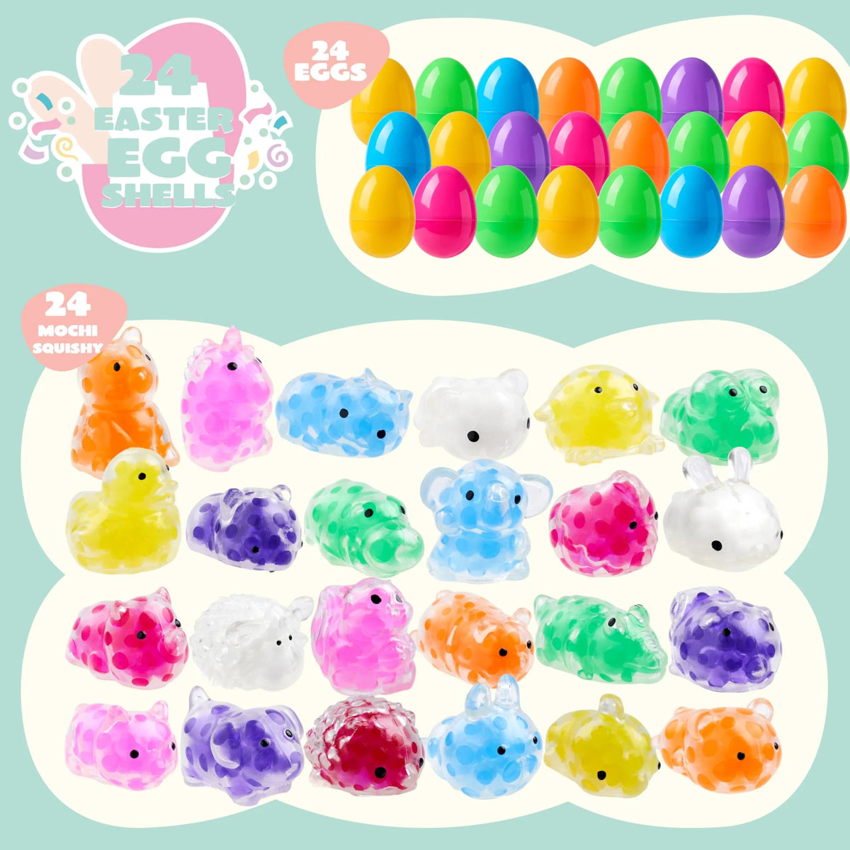 24 Pack Easter Prefilled Eggs with Mochi Squishy Toys for Egg Hunt