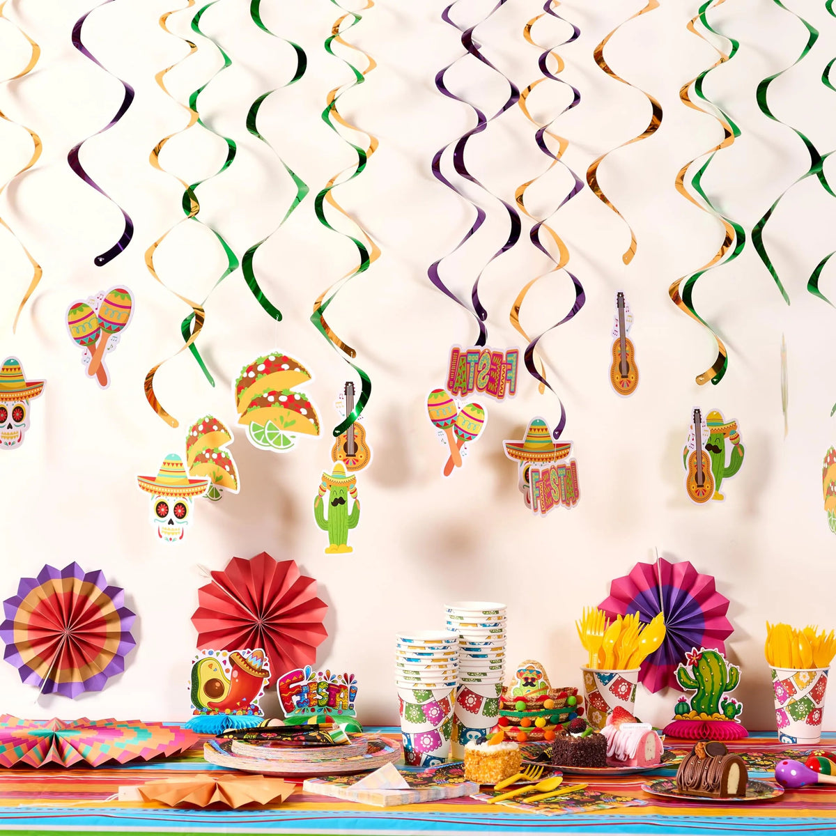 24-Pack Mexican Fiesta Hanging Swirl Decorations for Taco Bar Party
