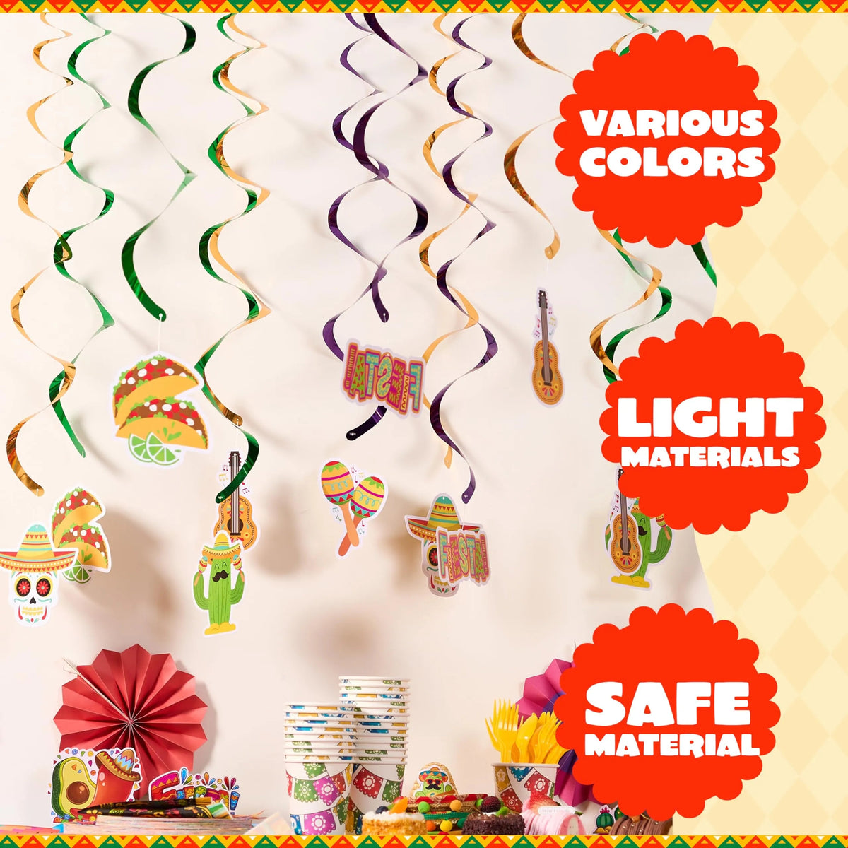 24-Pack Mexican Fiesta Hanging Swirl Decorations for Taco Bar Party