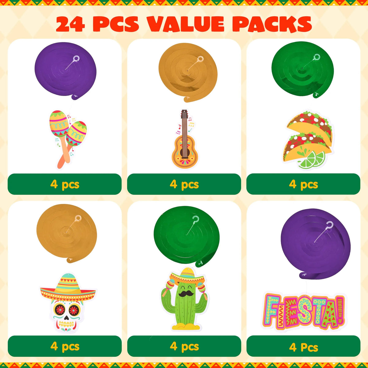 24-Pack Mexican Fiesta Hanging Swirl Decorations for Taco Bar Party