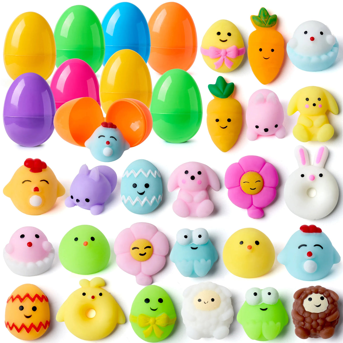 24-Pack Mochi Squishy Toys in Prefilled Easter Eggs, Squeeze Toy Fillers for Easter Egg Hunt