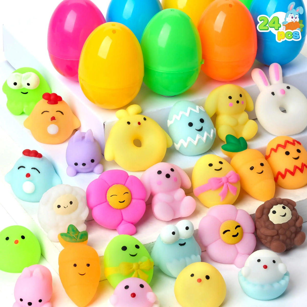 24-Pack Mochi Squishy Toys in Prefilled Easter Eggs, Squeeze Toy Fillers for Easter Egg Hunt