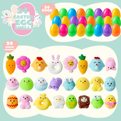24-Pack Mochi Squishy Toys in Prefilled Easter Eggs, Squeeze Toy Fillers for Easter Egg Hunt