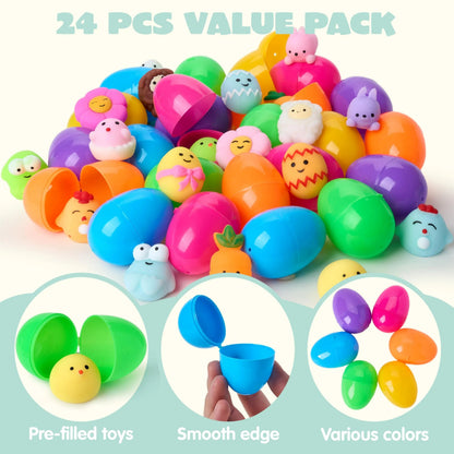 24-Pack Mochi Squishy Toys in Prefilled Easter Eggs, Squeeze Toy Fillers for Easter Egg Hunt