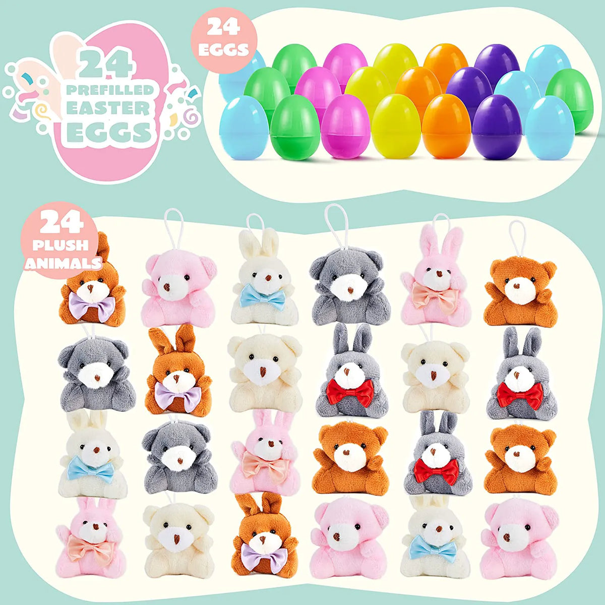 24 Plush Bunnies and Bears Prefilled Easter Eggs (2.23 in)