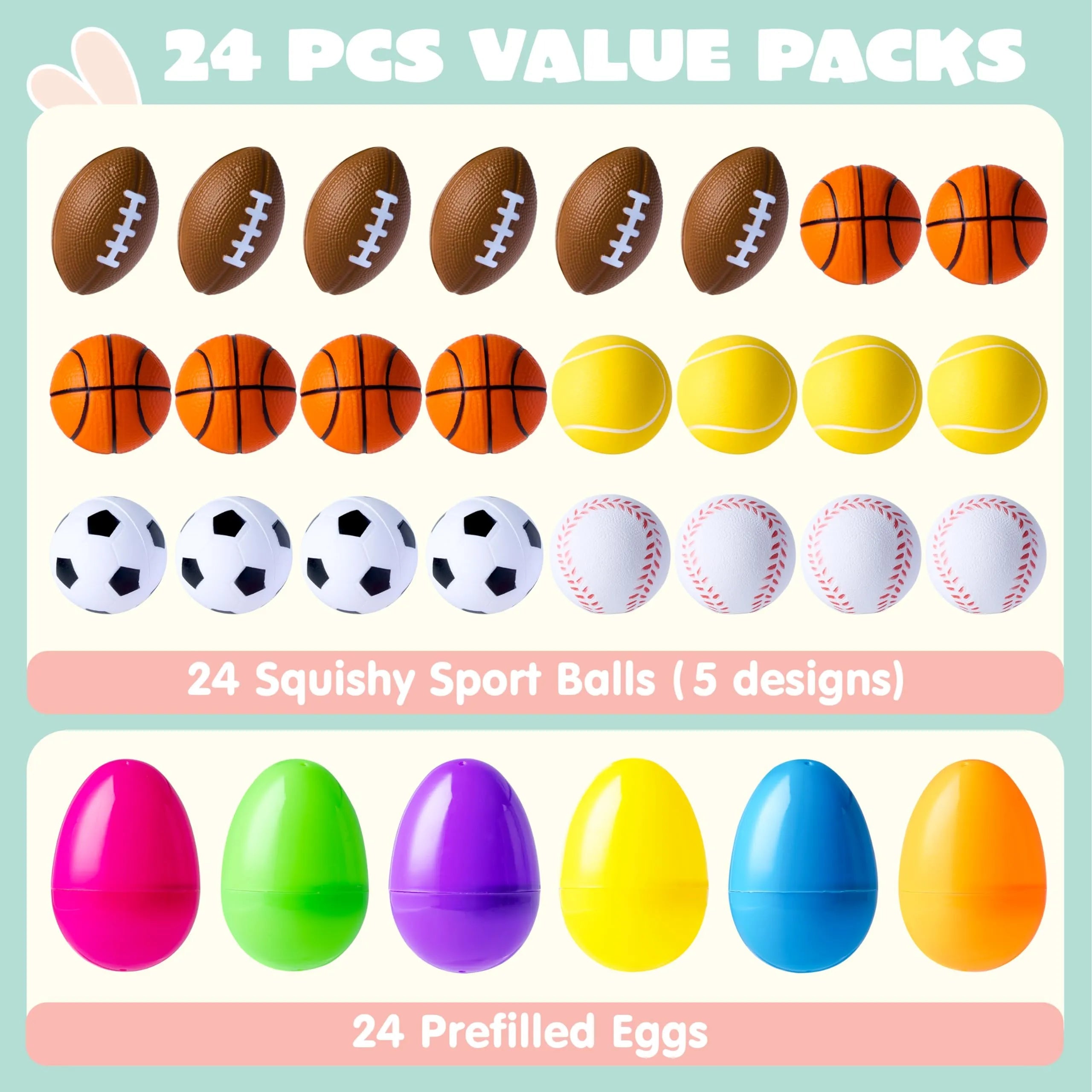 24 Pre-Filled Easter Eggs with Sports Stress Balls Squishy Toys for Kids Easter Egg Hunt