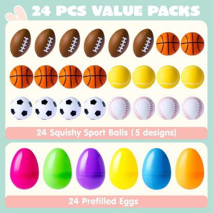 24 Pre-Filled Easter Eggs with Sports Stress Balls Squishy Toys for Kids Easter Egg Hunt