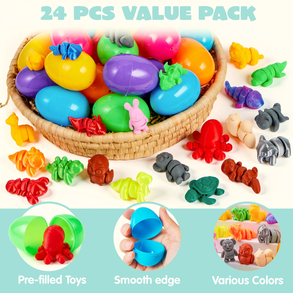 24 Prefilled Easter Eggs with 3D Printed Articulated Toys, Party Favors for Kids