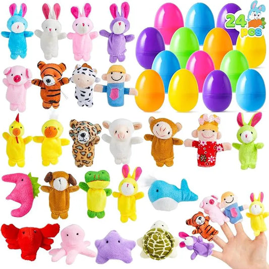 24 Prefilled Easter Eggs with Animal Finger Puppets for Kids Party & Hunt