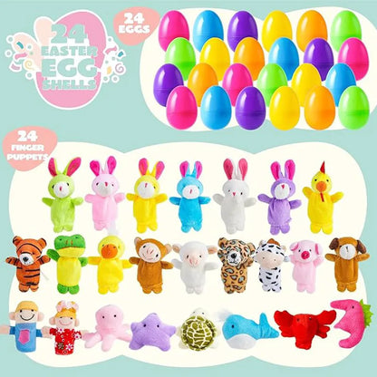24 Prefilled Easter Eggs with Animal Finger Puppets for Kids Party & Hunt