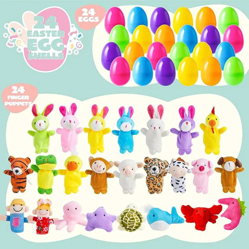 24 Prefilled Easter Eggs with Animal Finger Puppets for Kids Party & Hunt