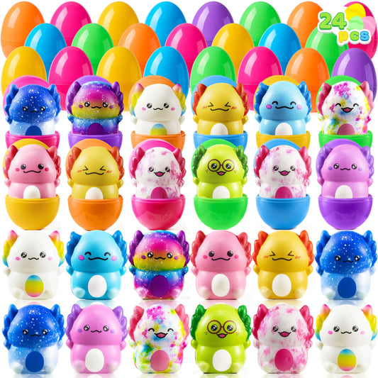 24 Prefilled Easter Eggs with Axolotl Squishy Toys for Egg Hunts, Party Favors & Basket Stuffers