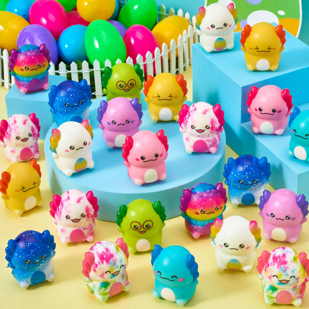 24 Prefilled Easter Eggs with Axolotl Squishy Toys for Egg Hunts, Party Favors & Basket Stuffers