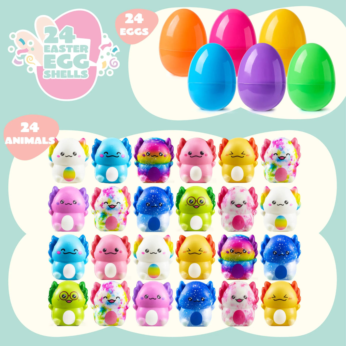 24 Prefilled Easter Eggs with Axolotl Squishy Toys for Egg Hunts, Party Favors & Basket Stuffers