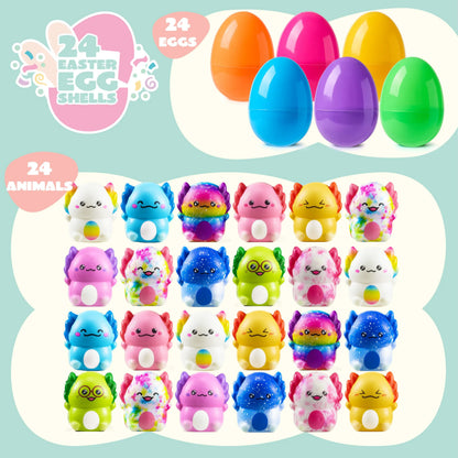 24 Prefilled Easter Eggs with Axolotl Squishy Toys for Egg Hunts, Party Favors & Basket Stuffers