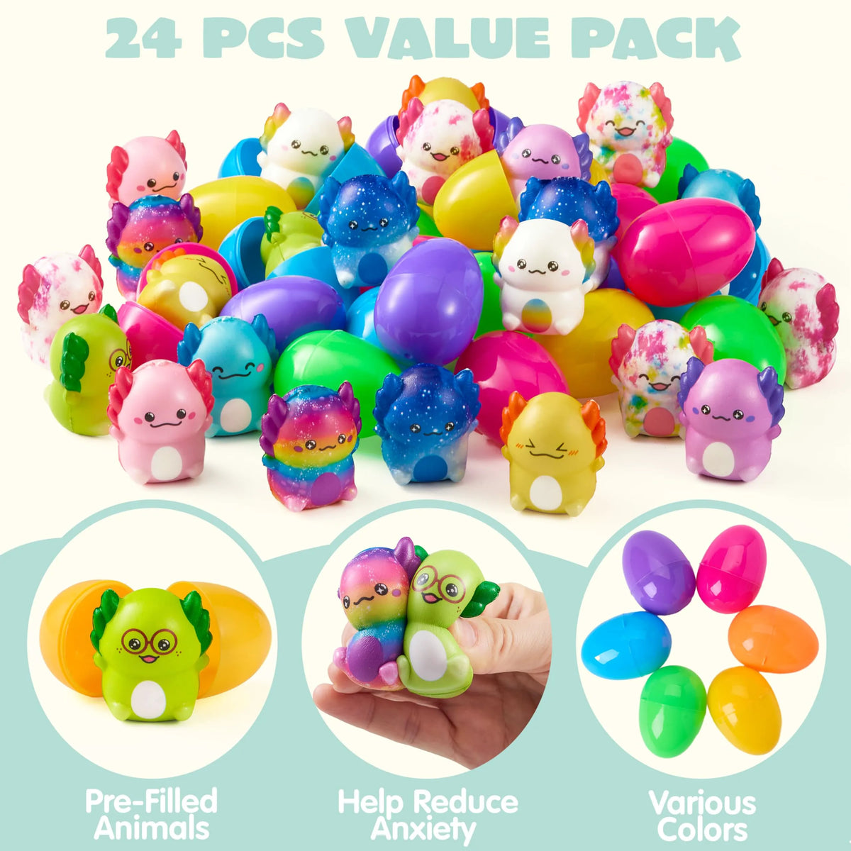 24 Prefilled Easter Eggs with Axolotl Squishy Toys for Egg Hunts, Party Favors & Basket Stuffers