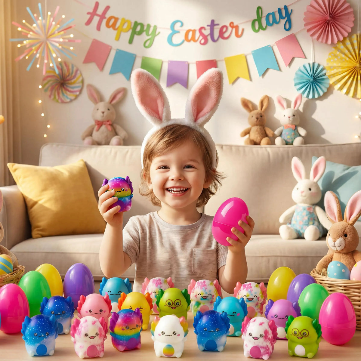 24 Prefilled Easter Eggs with Axolotl Squishy Toys for Egg Hunts, Party Favors & Basket Stuffers