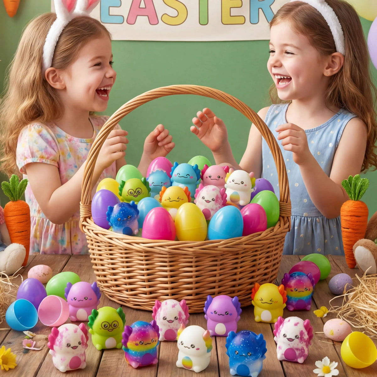 24 Prefilled Easter Eggs with Axolotl Squishy Toys for Egg Hunts, Party Favors & Basket Stuffers