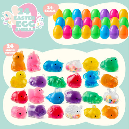 24 Prefilled Easter Eggs with Cute Animal Mochi Squishy Toys for Egg Hunt, Basket Stuffers & Party Favors