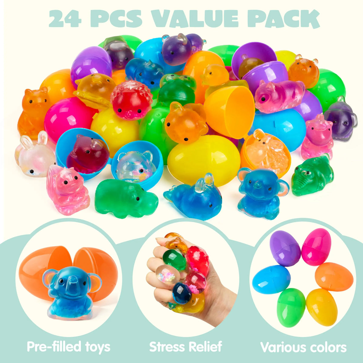 24 Prefilled Easter Eggs with Cute Animal Mochi Squishy Toys for Egg Hunt, Basket Stuffers & Party Favors