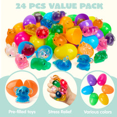 24 Prefilled Easter Eggs with Cute Animal Mochi Squishy Toys for Egg Hunt, Basket Stuffers & Party Favors