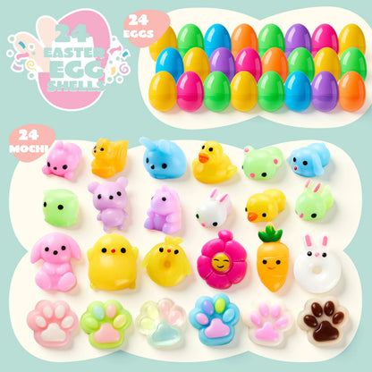 24 Prefilled Easter Eggs with Cute Mochi Squishy Toys for Egg Hunts, Basket Stuffers & Party Favors