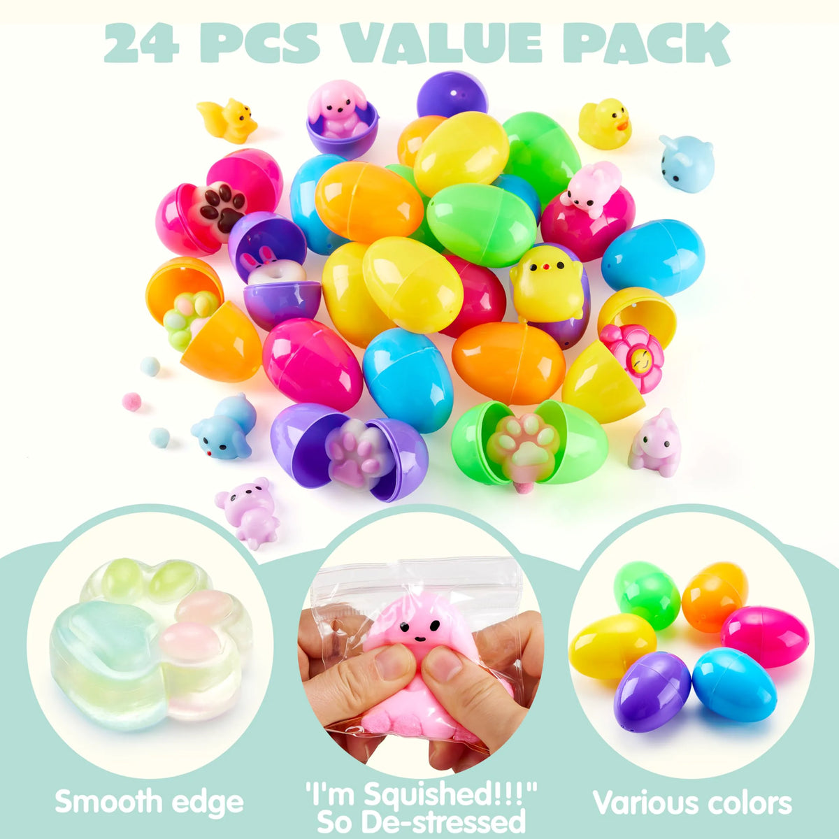 24 Prefilled Easter Eggs with Cute Mochi Squishy Toys for Egg Hunts, Basket Stuffers & Party Favors