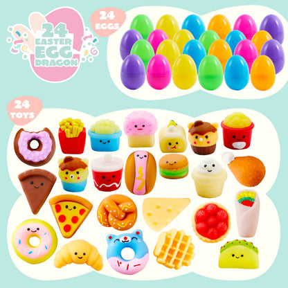 24 Prefilled Easter Eggs with Fast Food & Dessert Mochi Squishy Toys for Egg Hunt, Party Favors & Basket Stuffers