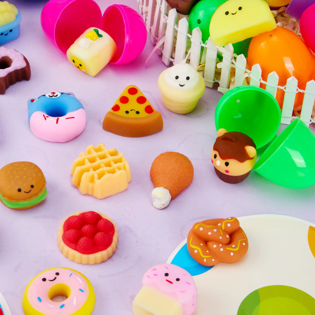 24 Prefilled Easter Eggs with Fast Food & Dessert Mochi Squishy Toys for Egg Hunt, Party Favors & Basket Stuffers