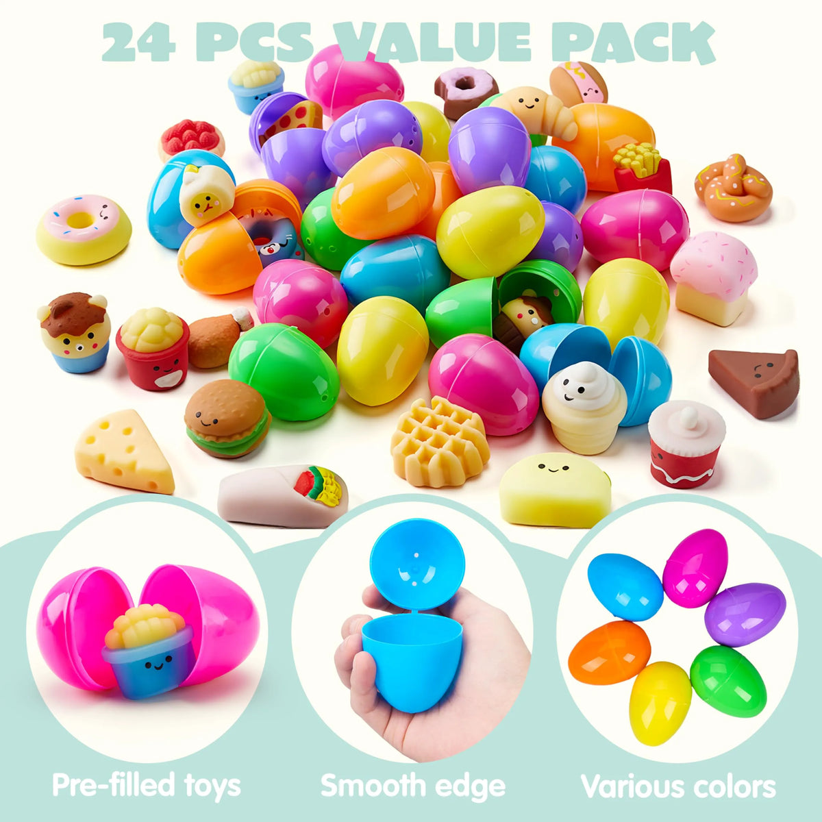 24 Prefilled Easter Eggs with Fast Food & Dessert Mochi Squishy Toys for Egg Hunt, Party Favors & Basket Stuffers