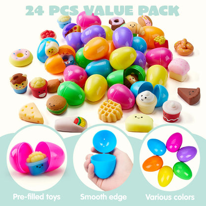 24 Prefilled Easter Eggs with Fast Food & Dessert Mochi Squishy Toys for Egg Hunt, Party Favors & Basket Stuffers