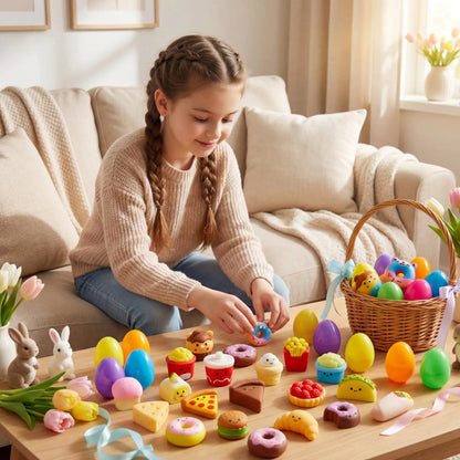 24 Prefilled Easter Eggs with Fast Food & Dessert Mochi Squishy Toys for Egg Hunt, Party Favors & Basket Stuffers