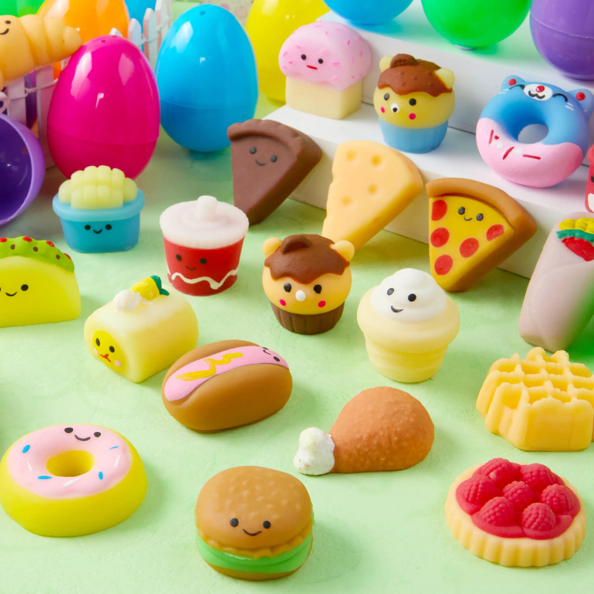 24 Prefilled Easter Eggs with Fast Food & Dessert Mochi Squishy Toys for Egg Hunt, Party Favors & Basket Stuffers