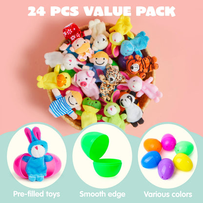 24 Prefilled Easter Eggs with Finger Puppets for Kids Party & Hunt