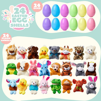 24 Prefilled Easter Eggs with Mini Plush Animal Toys for Kids