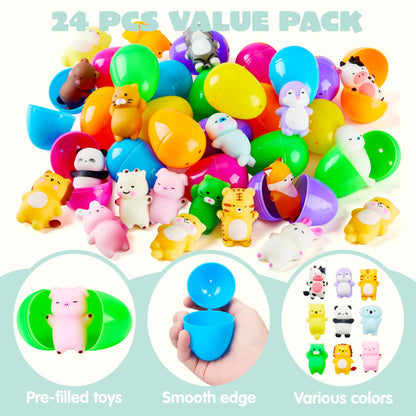 24 Prefilled Easter Eggs with Mochi Squishy Toys for Egg Hunt, Party Favors & Basket Stuffers