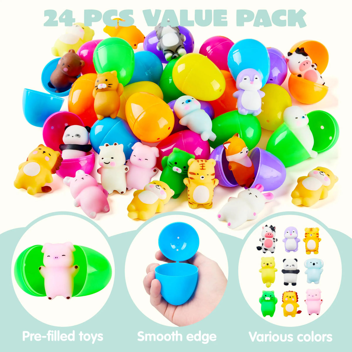 24 Prefilled Easter Eggs with Mochi Squishy Toys for Egg Hunt, Party Favors & Basket Stuffers