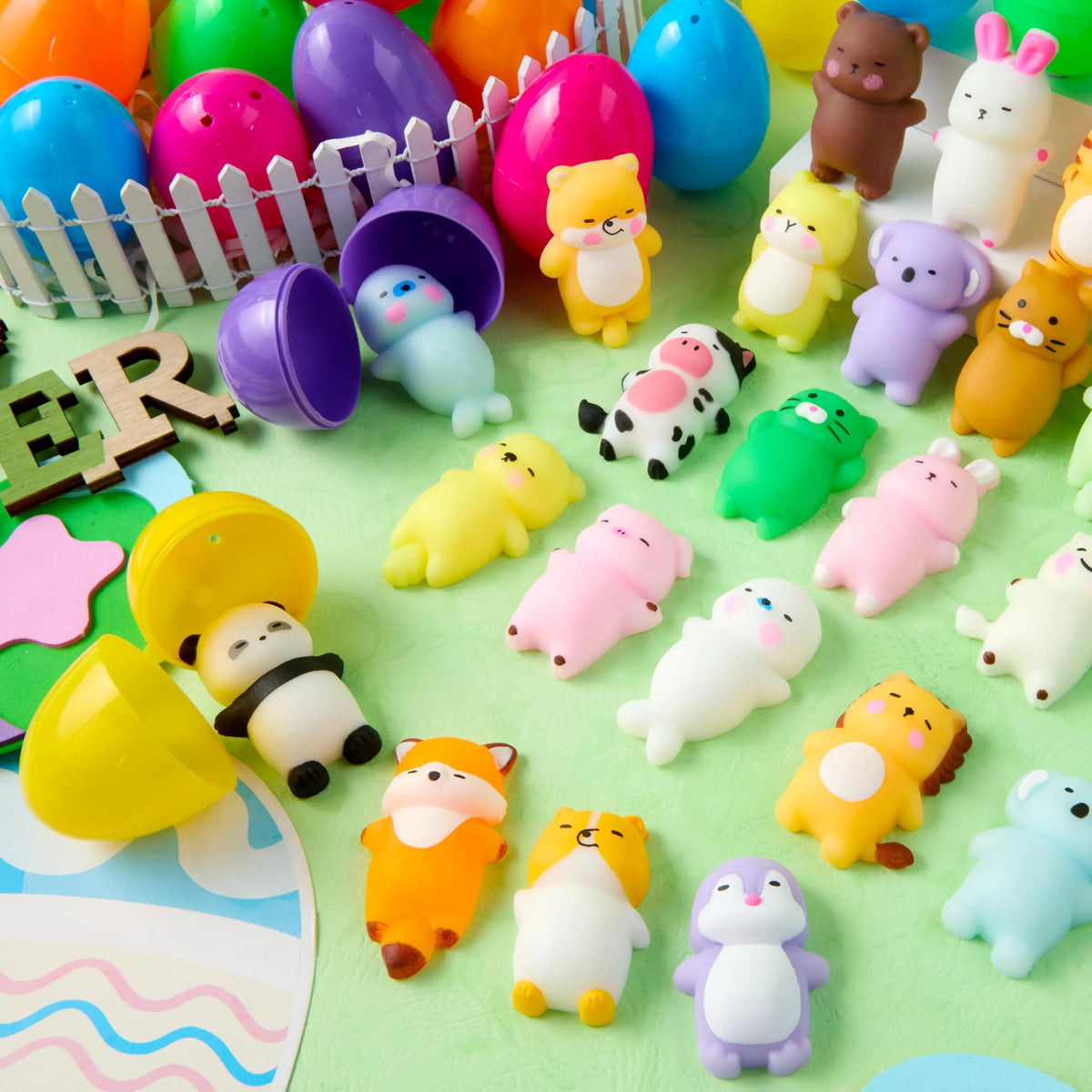 24 Prefilled Easter Eggs with Mochi Squishy Toys for Egg Hunt, Party Favors & Basket Stuffers