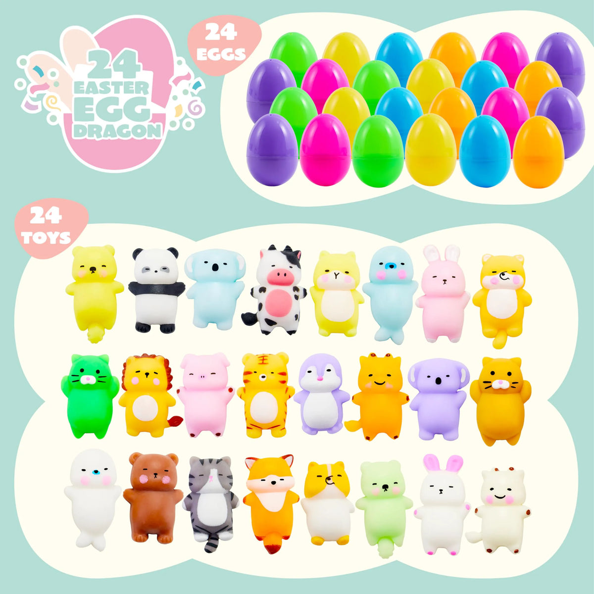 24 Prefilled Easter Eggs with Mochi Squishy Toys for Egg Hunt, Party Favors & Basket Stuffers