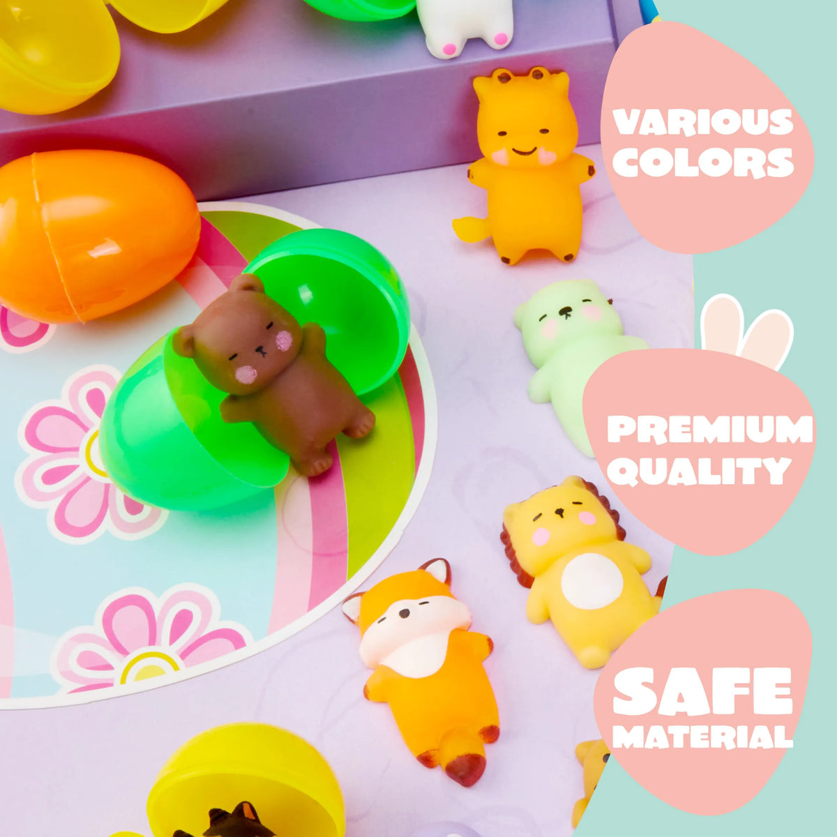 24 Prefilled Easter Eggs with Mochi Squishy Toys for Egg Hunt, Party Favors & Basket Stuffers