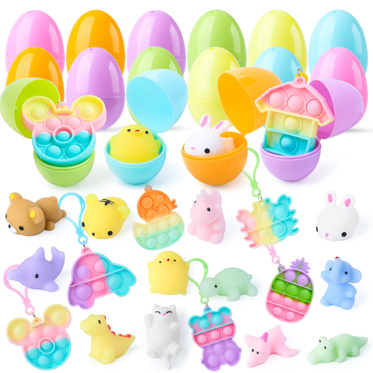 24 Prefilled Easter Eggs with Mochi and Pop Bubble Keychains for Kids Egg Hunt