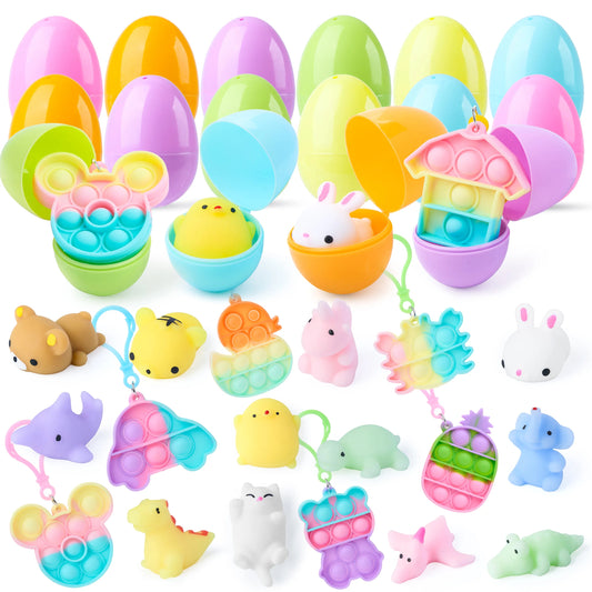 24 Prefilled Easter Eggs with Mochi and Pop Bubble Keychains for Kids Egg Hunt