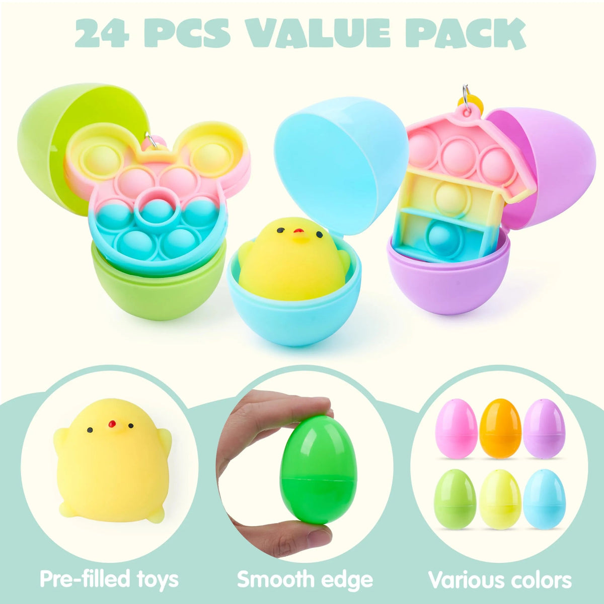 24 Prefilled Easter Eggs with Mochi and Pop Bubble Keychains for Kids Egg Hunt