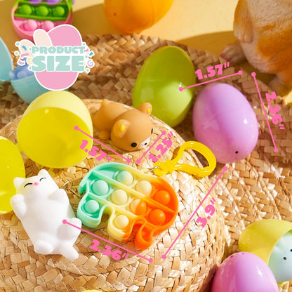 24 Prefilled Easter Eggs with Mochi and Pop Bubble Keychains for Kids Egg Hunt